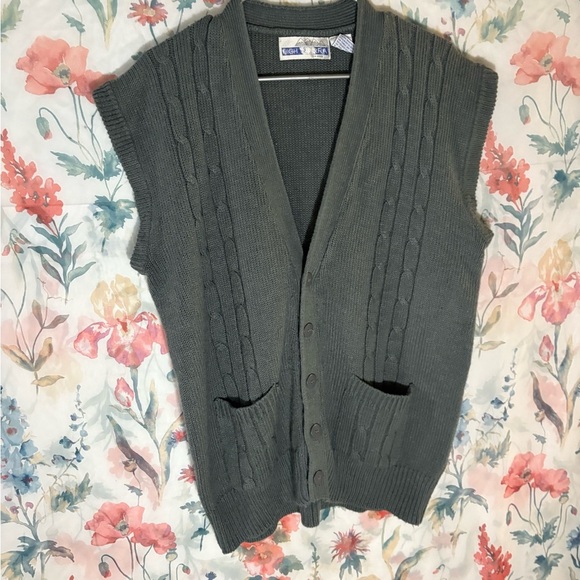 Vintage High Sierra Gray Ribbed Knit Cardigan Sweater Vest - Picture 3 of 8